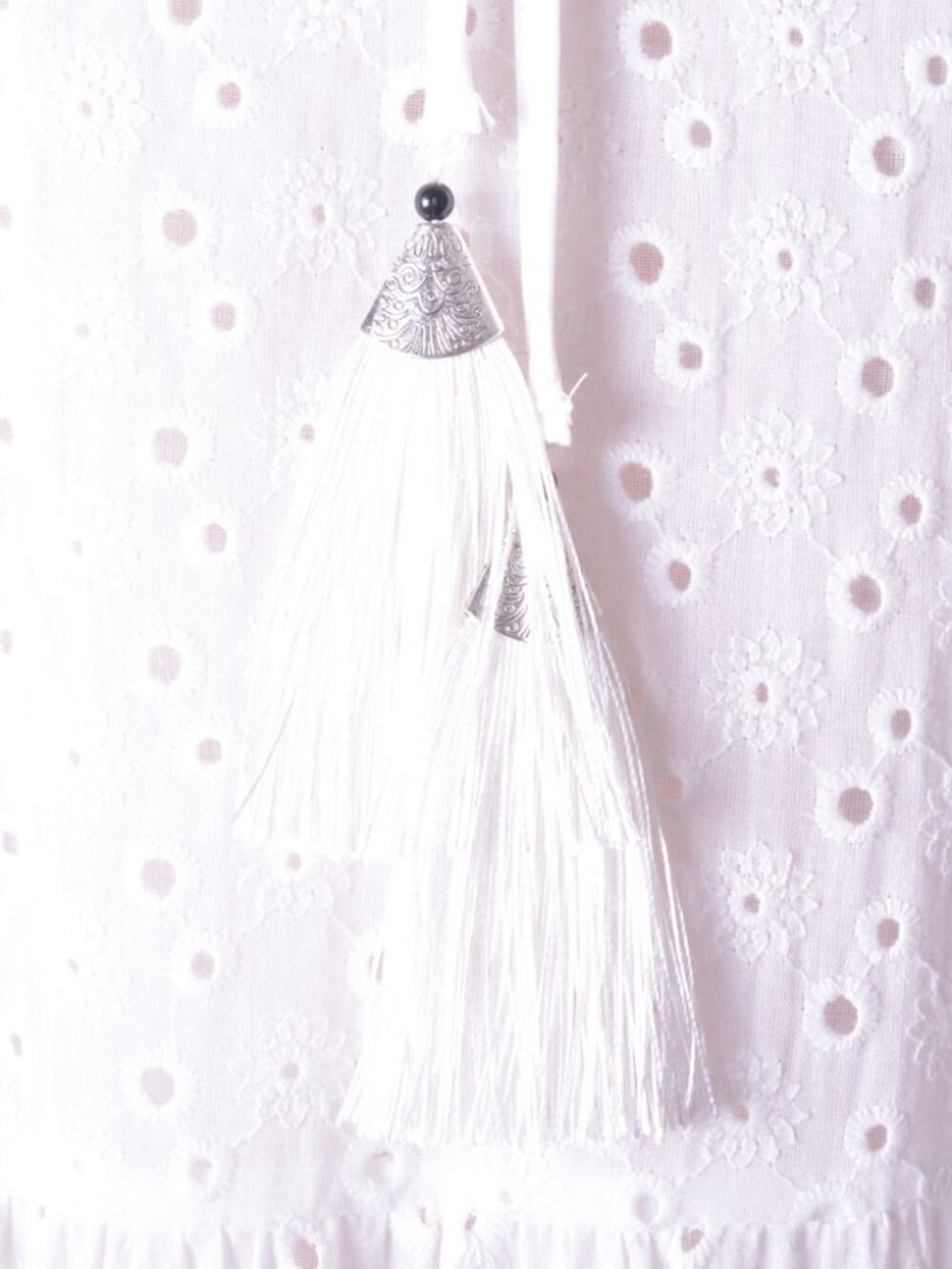 White Tiered Crochet Eyelet Fringe Bohemian Sleeveless Bow Summer Long Dress - Picture 2 of 11